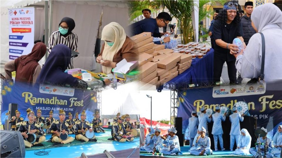 Foto udara kolase kegiatan festival keagamaan pemeriksaan medis gratis and kemitraan sosial bersama warga pada laporan berita PIK 2 terbaru
