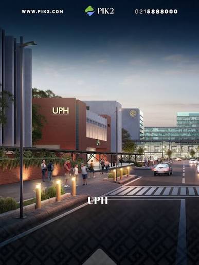 Foto desain arsitektur gedung kampus UPH Universitas Pelita Harapan di kawasan Edu-City PIK 2 Banten